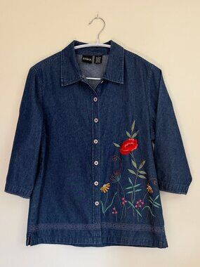 Vintage Erika Embroidered Denim Shirt 3/4 Sleeve - Size L